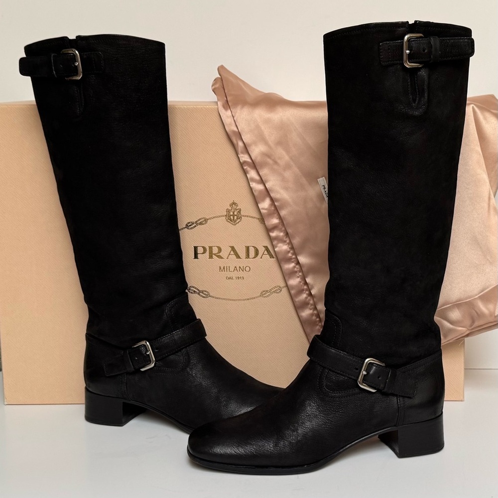 Prada Women's Black Leather Knee High Boots with Buckle Accents Size 8.5